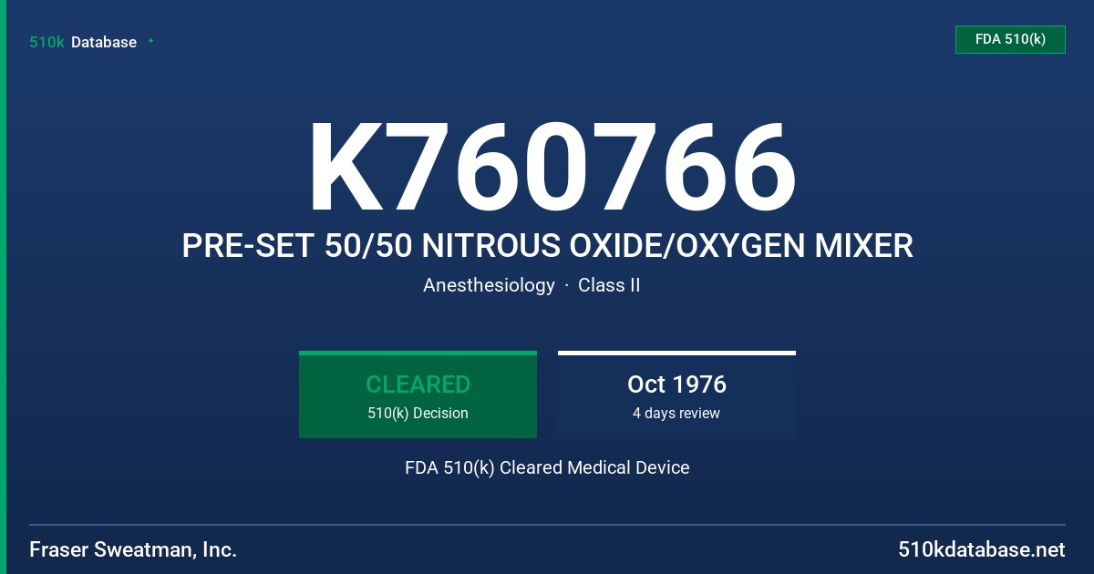 K760766 PRE-SET 50/50 NITROUS OXIDE/OXYGEN MIXER FDA 510(k) Cleared Medical Device