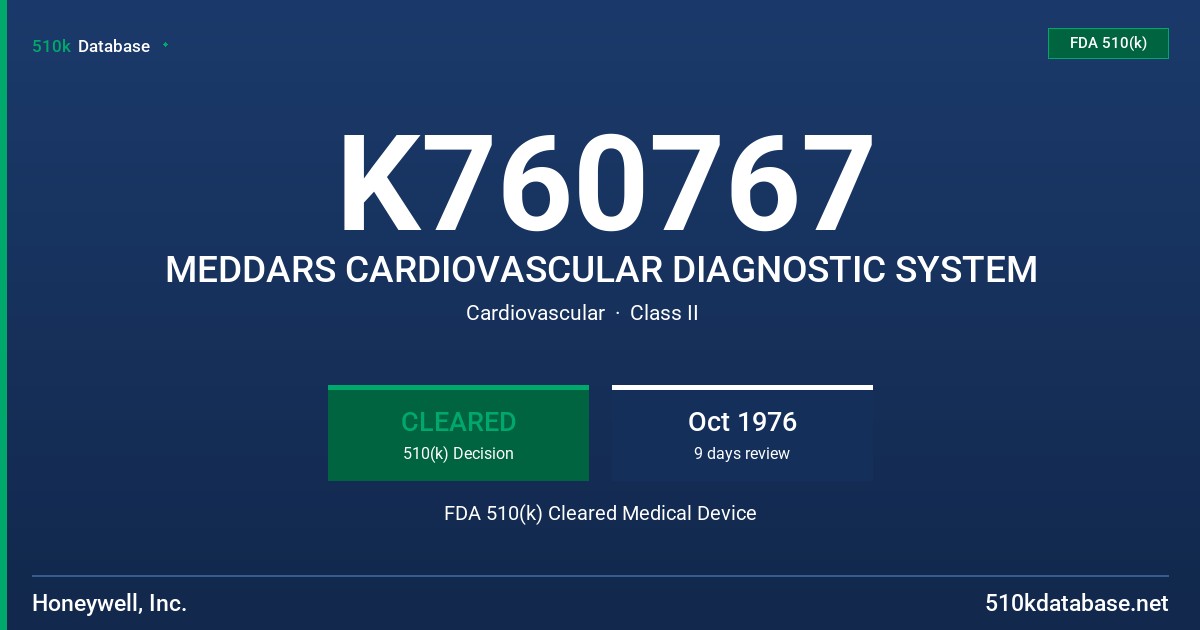 K760767 MEDDARS CARDIOVASCULAR DIAGNOSTIC SYSTEM FDA 510(k) Cleared Medical Device