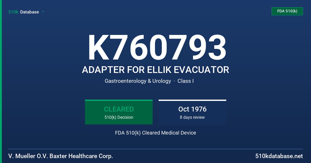 K760793 ADAPTER FOR ELLIK EVACUATOR FDA 510(k) Cleared Medical Device
