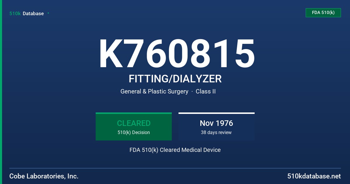 K760815 FITTING/DIALYZER FDA 510(k) Cleared Medical Device