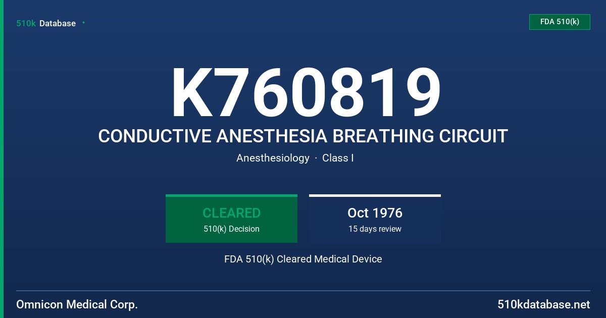 K760819 CONDUCTIVE ANESTHESIA BREATHING CIRCUIT FDA 510(k) Cleared Medical Device