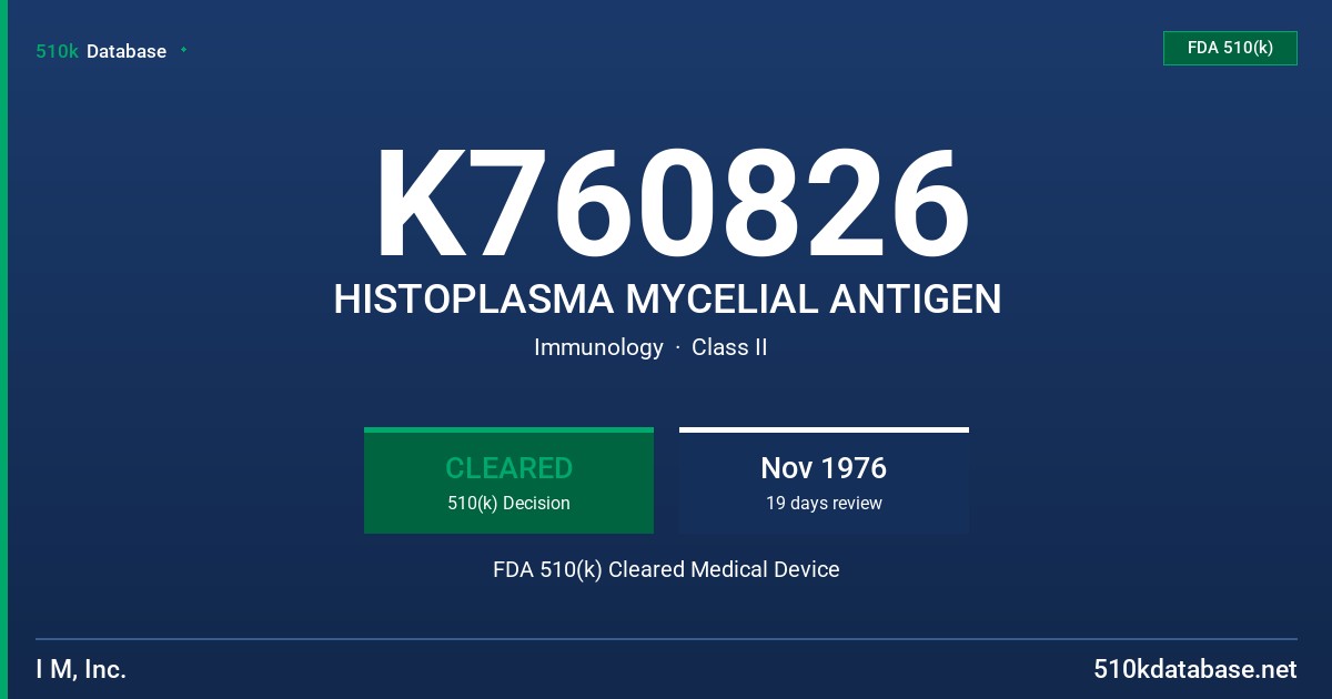 K760826 HISTOPLASMA MYCELIAL ANTIGEN FDA 510(k) Cleared Medical Device
