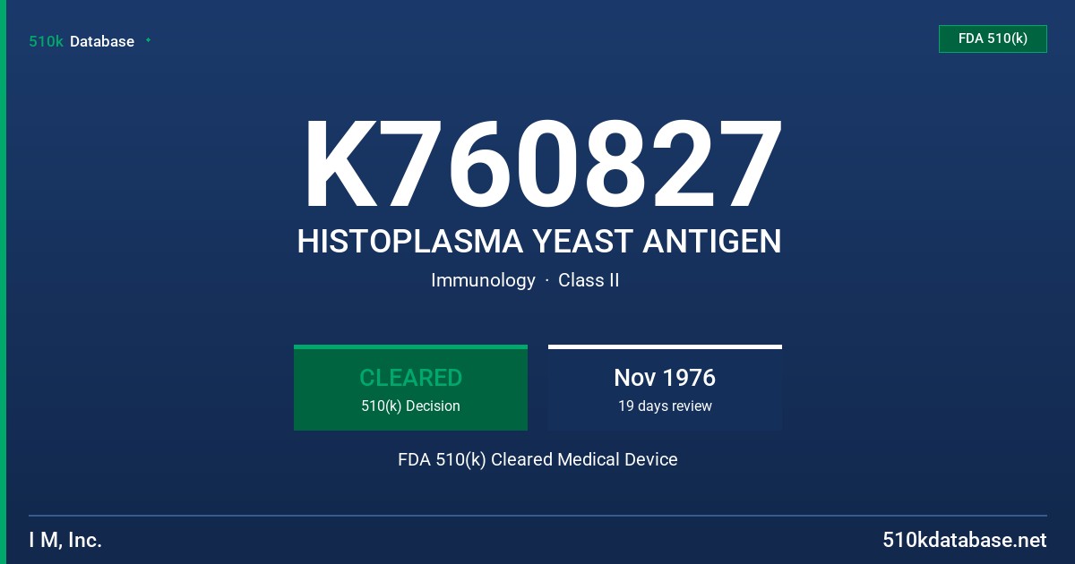 K760827 HISTOPLASMA YEAST ANTIGEN FDA 510(k) Cleared Medical Device