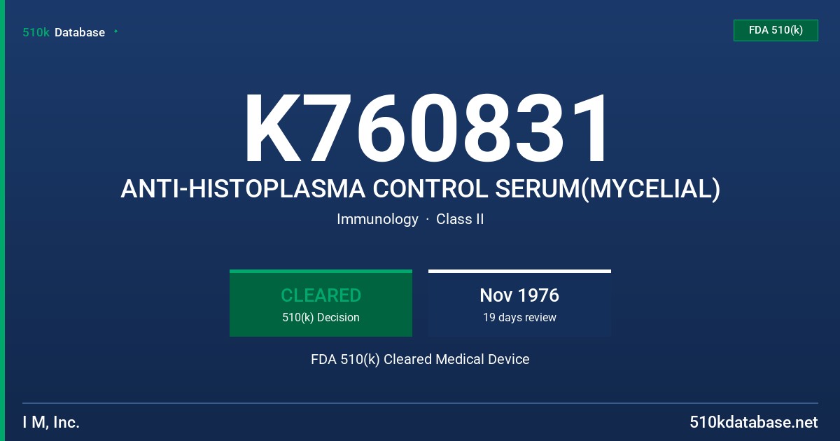 K760831 ANTI-HISTOPLASMA CONTROL SERUM(MYCELIAL) FDA 510(k) Cleared Medical Device