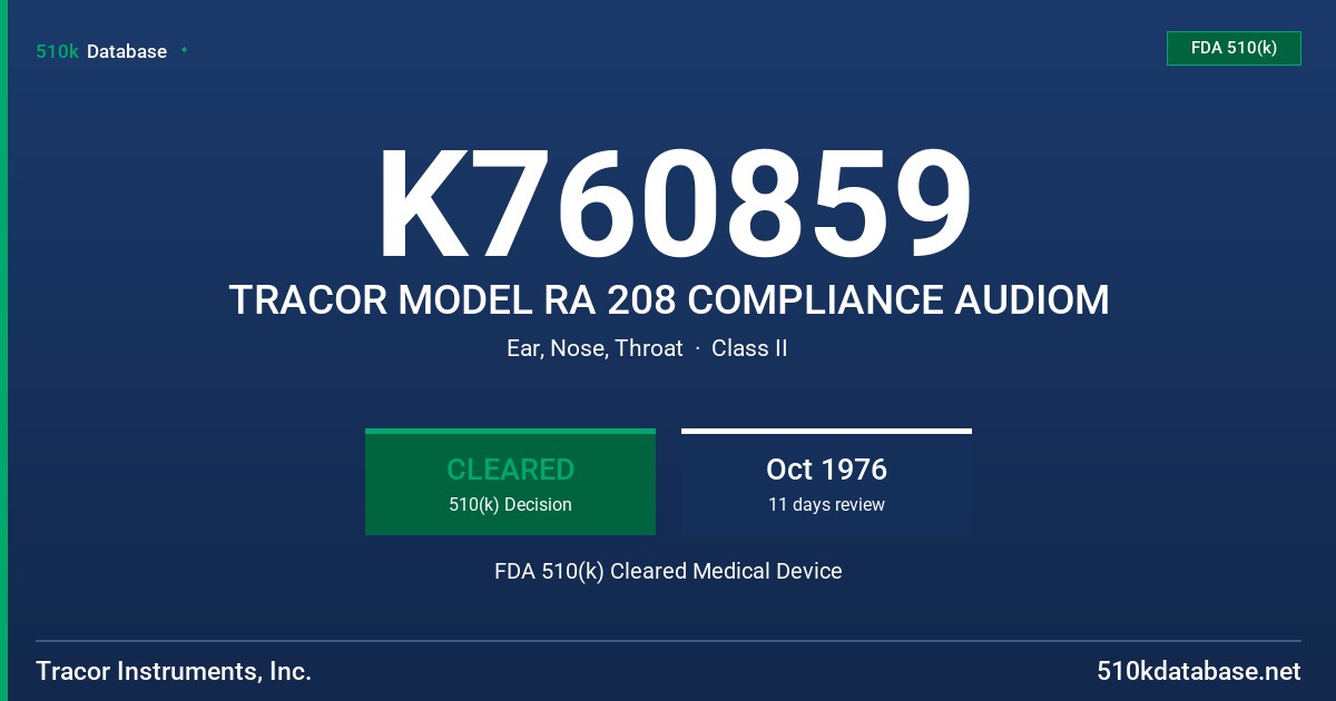 K760859 TRACOR MODEL RA 208 COMPLIANCE AUDIOM FDA 510(k) Cleared Medical Device