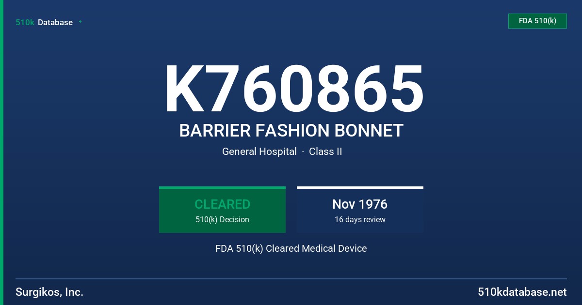 K760865 BARRIER FASHION BONNET FDA 510(k) Cleared Medical Device