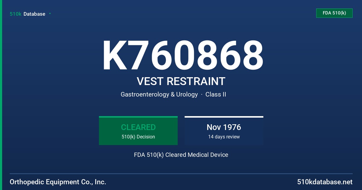 K760868 VEST RESTRAINT FDA 510(k) Cleared Medical Device