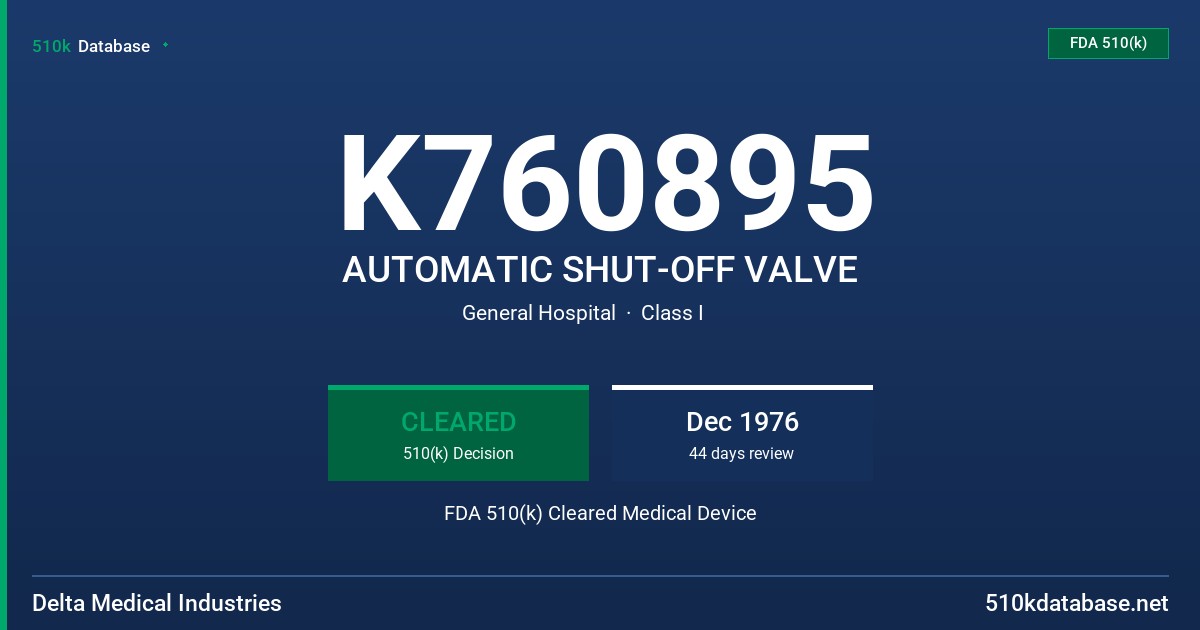 K760895 AUTOMATIC SHUT-OFF VALVE FDA 510(k) Cleared Medical Device