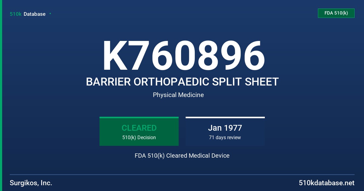 K760896 BARRIER ORTHOPAEDIC SPLIT SHEET FDA 510(k) Cleared Medical Device