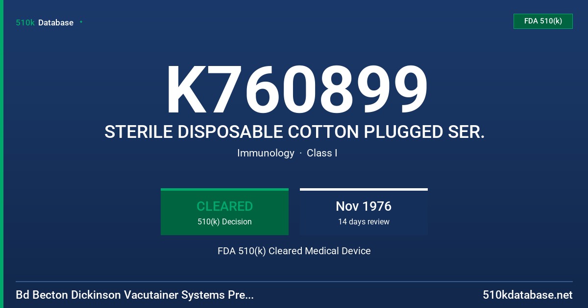 K760899 STERILE DISPOSABLE COTTON PLUGGED SER. FDA 510(k) Cleared Medical Device