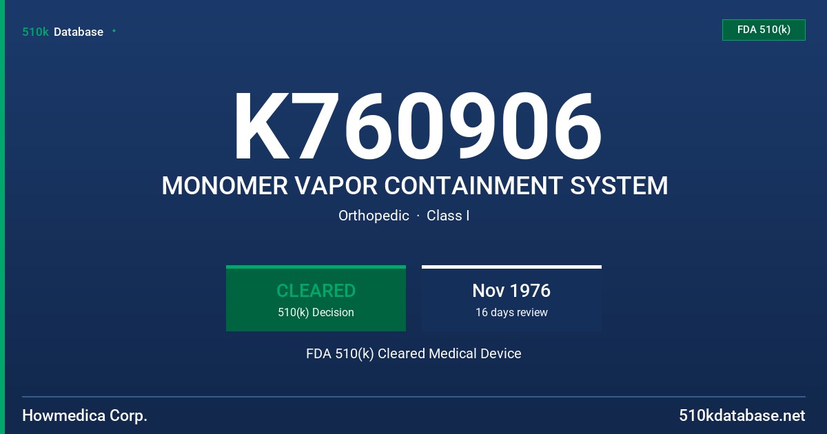 K760906 MONOMER VAPOR CONTAINMENT SYSTEM FDA 510(k) Cleared Medical Device
