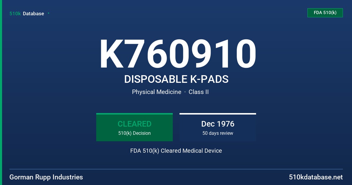 K760910 DISPOSABLE K-PADS FDA 510(k) Cleared Medical Device