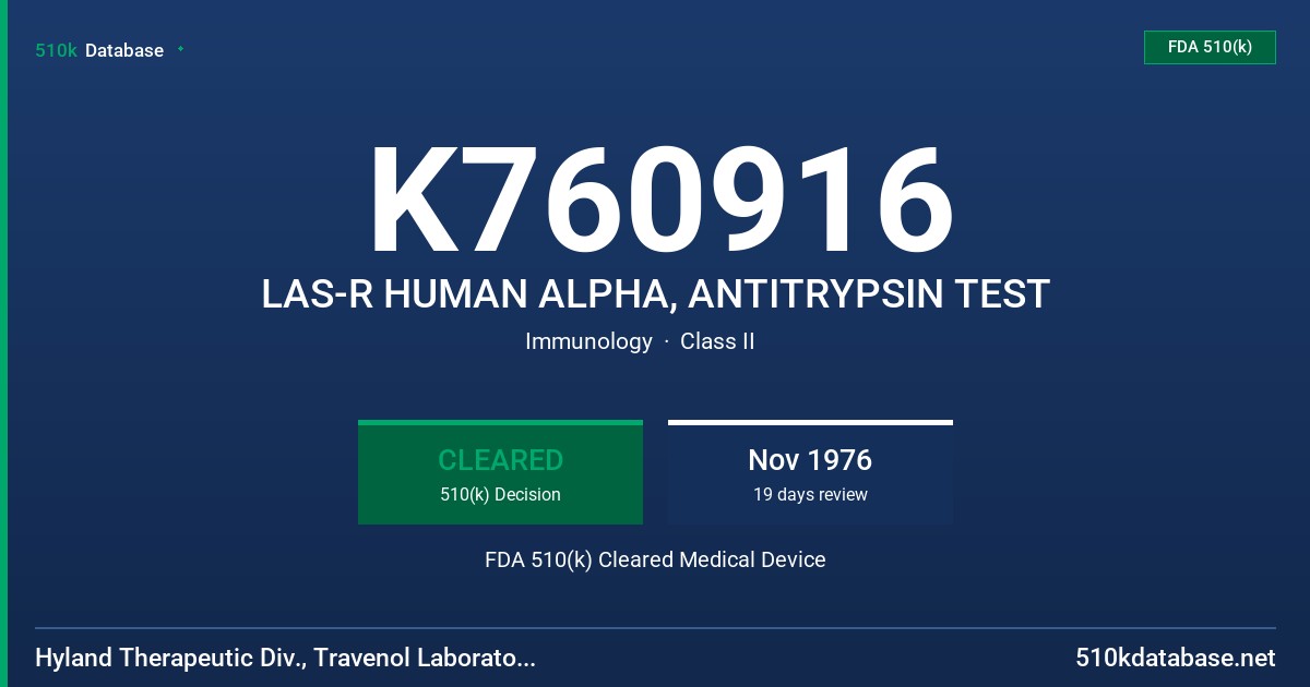 K760916 LAS-R HUMAN ALPHA, ANTITRYPSIN TEST FDA 510(k) Cleared Medical Device