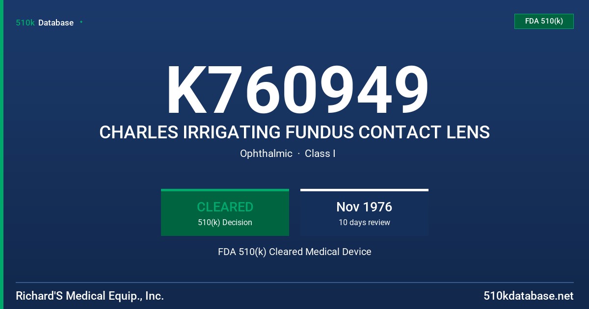 K760949 CHARLES IRRIGATING FUNDUS CONTACT LENS FDA 510(k) Cleared Medical Device