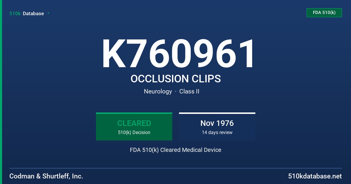 K760961 OCCLUSION CLIPS FDA 510(k) Cleared Medical Device