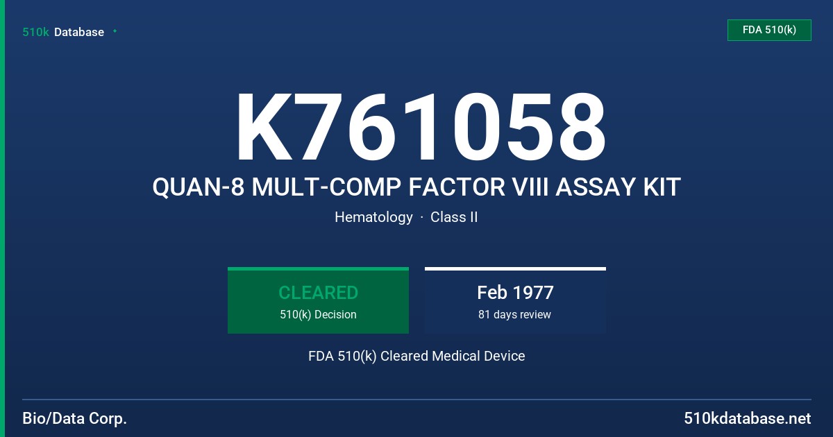 K761058 QUAN-8 MULT-COMP FACTOR VIII ASSAY KIT FDA 510(k) Cleared Medical Device