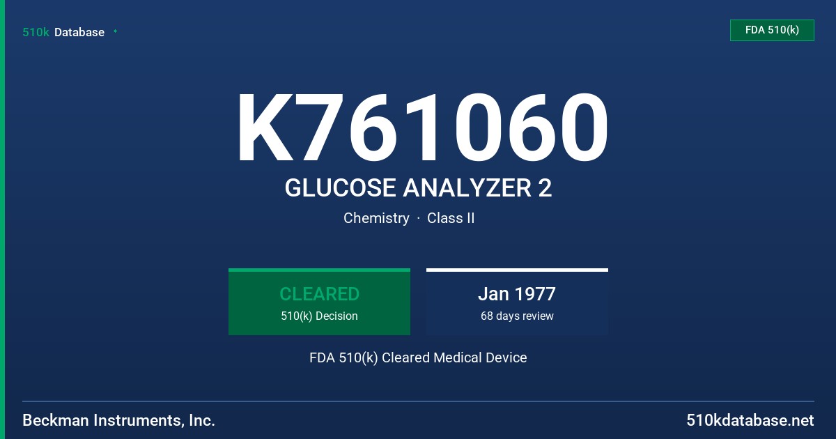 K761060 GLUCOSE ANALYZER 2 FDA 510(k) Cleared Medical Device