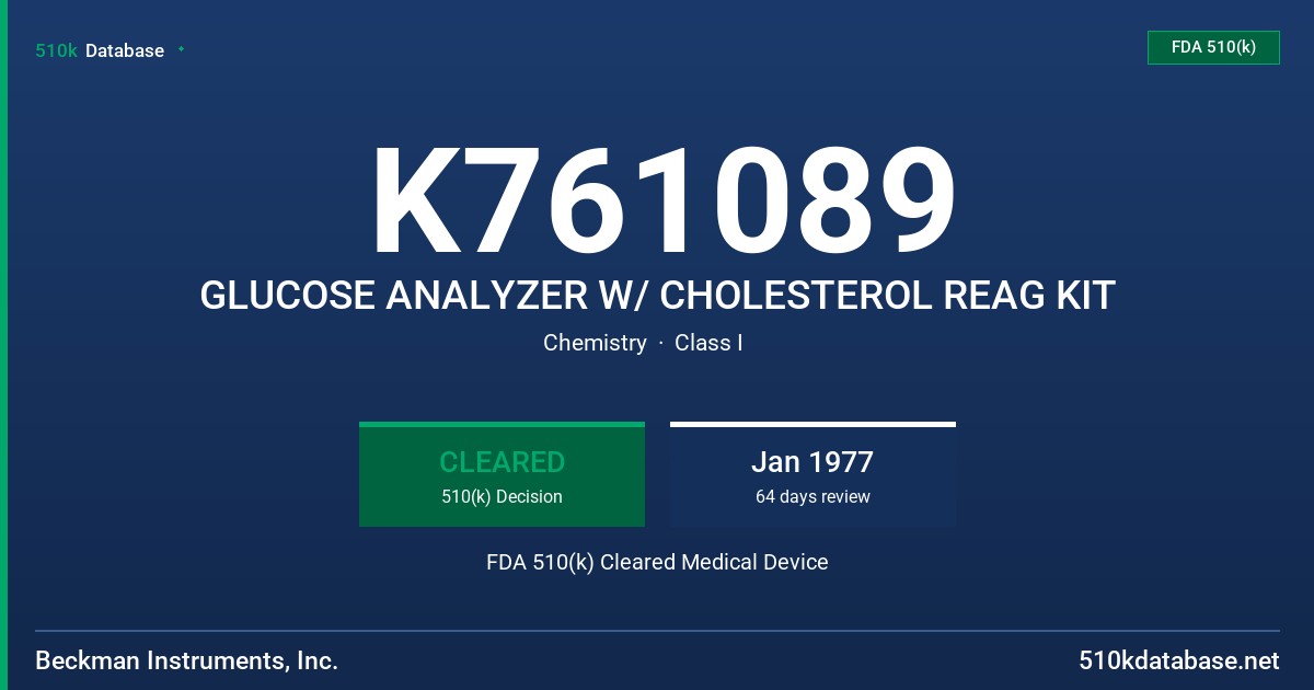 K761089 GLUCOSE ANALYZER W/ CHOLESTEROL REAG KIT FDA 510(k) Cleared Medical Device