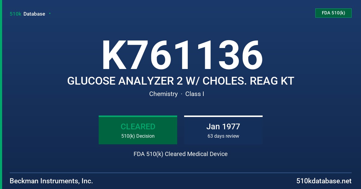 K761136 GLUCOSE ANALYZER 2 W/ CHOLES. REAG KT FDA 510(k) Cleared Medical Device