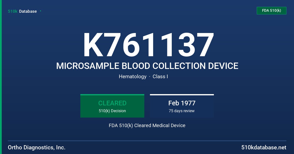 K761137 MICROSAMPLE BLOOD COLLECTION DEVICE FDA 510(k) Cleared Medical Device