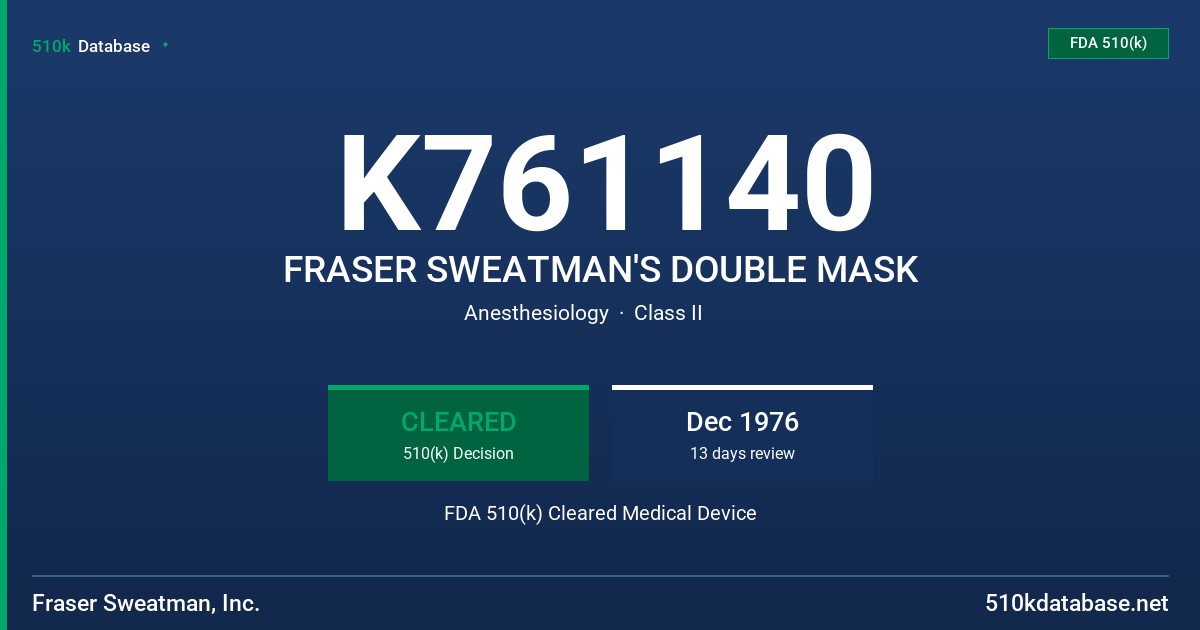 K761140 FRASER SWEATMAN'S DOUBLE MASK FDA 510(k) Cleared Medical Device