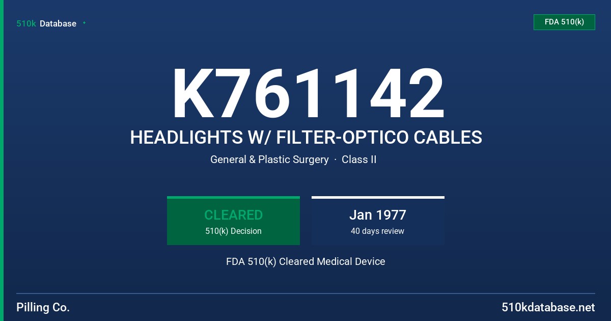 K761142 HEADLIGHTS W/ FILTER-OPTICO CABLES FDA 510(k) Cleared Medical Device