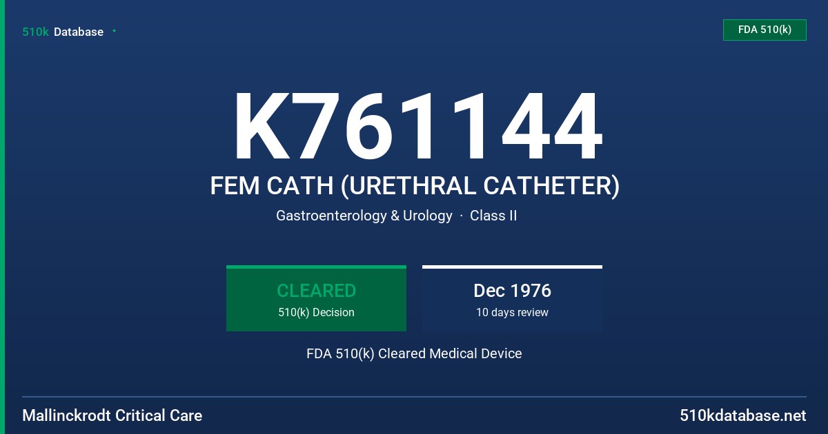K761144 FEM CATH (URETHRAL CATHETER) FDA 510(k) Cleared Medical Device