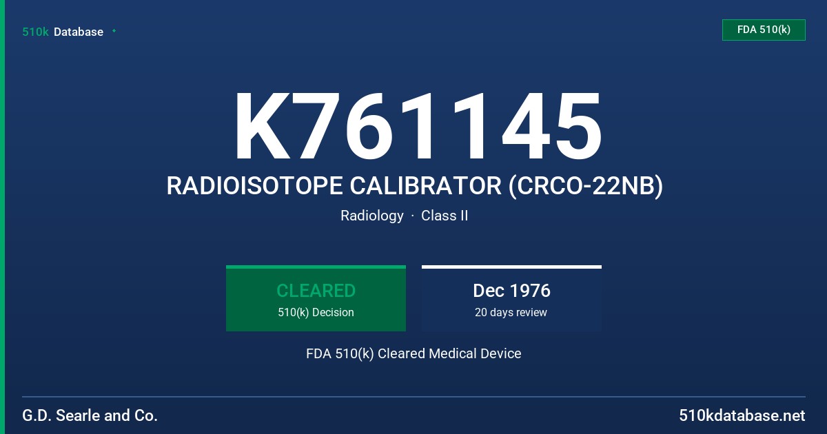 K761145 RADIOISOTOPE CALIBRATOR (CRCO-22NB) FDA 510(k) Cleared Medical Device