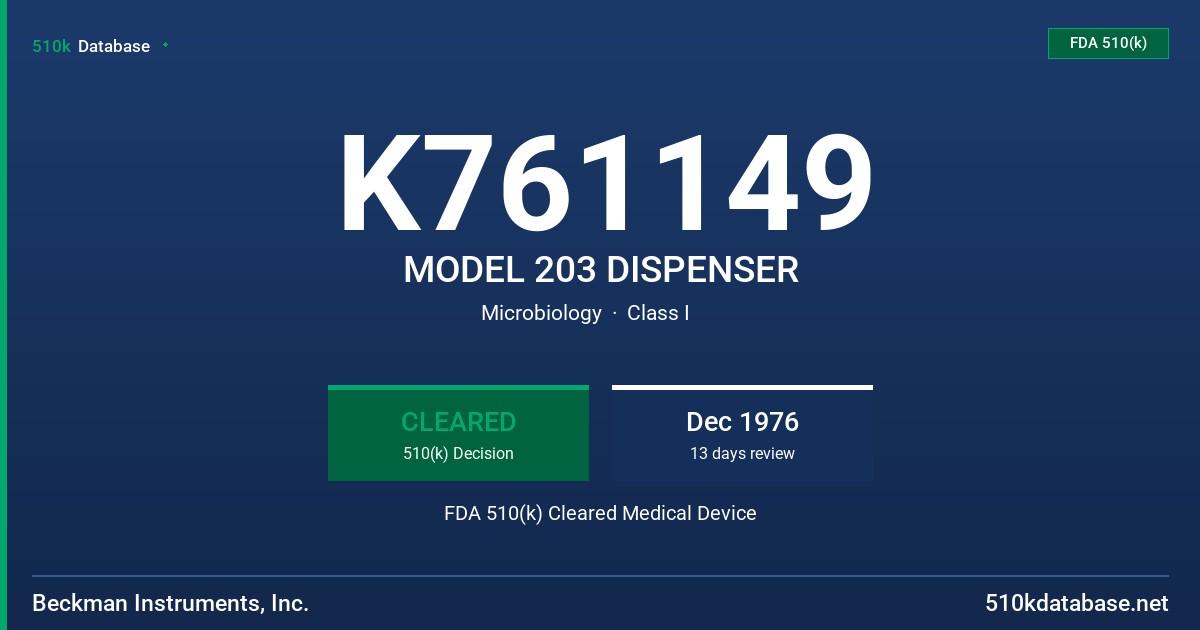 K761149 MODEL 203 DISPENSER FDA 510(k) Cleared Medical Device