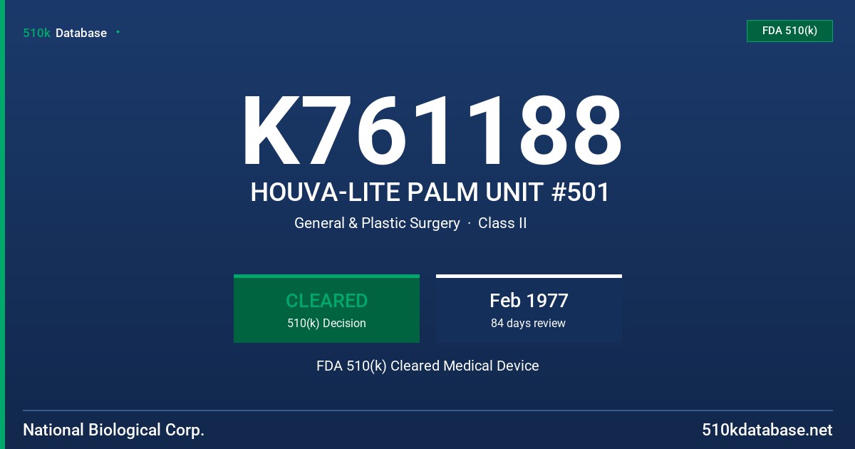 K761188 HOUVA-LITE PALM UNIT #501 FDA 510(k) Cleared Medical Device