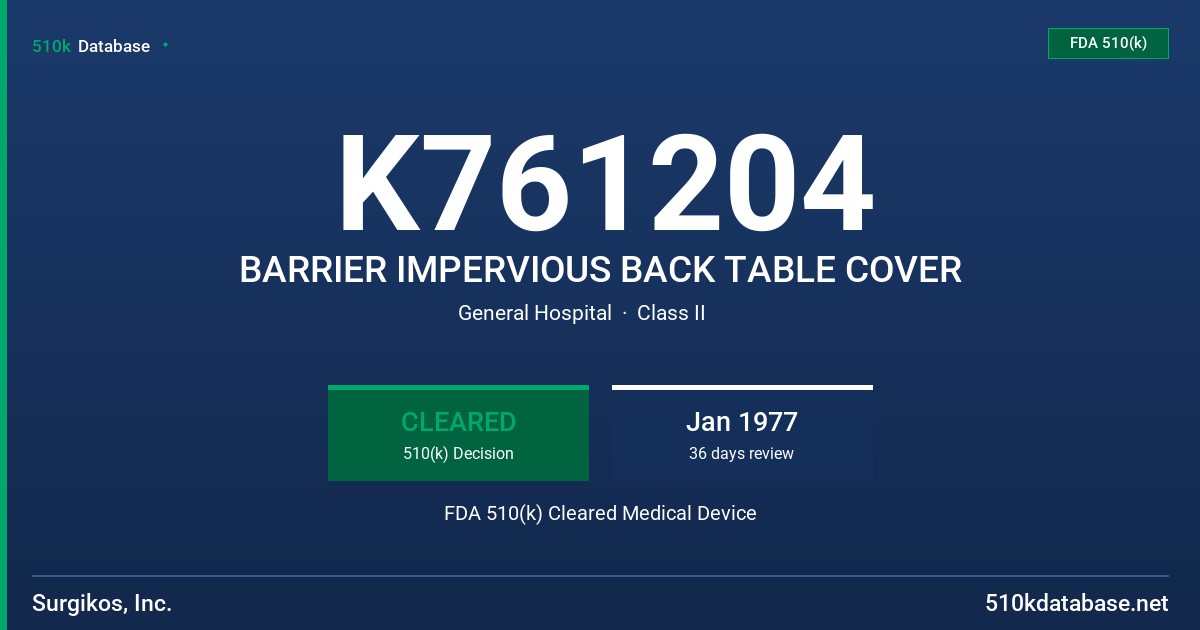 K761204 BARRIER IMPERVIOUS BACK TABLE COVER FDA 510(k) Cleared Medical Device