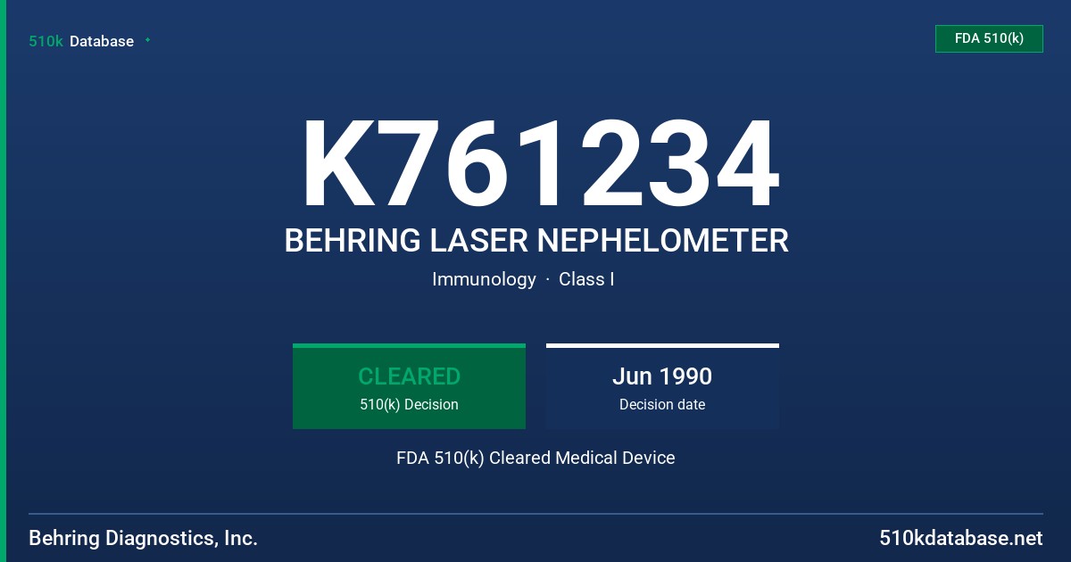 K761234 BEHRING LASER NEPHELOMETER FDA 510(k) Cleared Medical Device