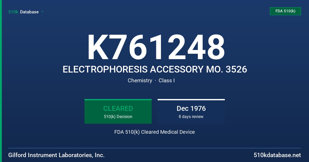 K761248 ELECTROPHORESIS ACCESSORY MO. 3526 FDA 510(k) Cleared Medical Device