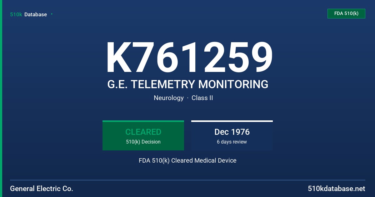 K761259 G.E. TELEMETRY MONITORING FDA 510(k) Cleared Medical Device