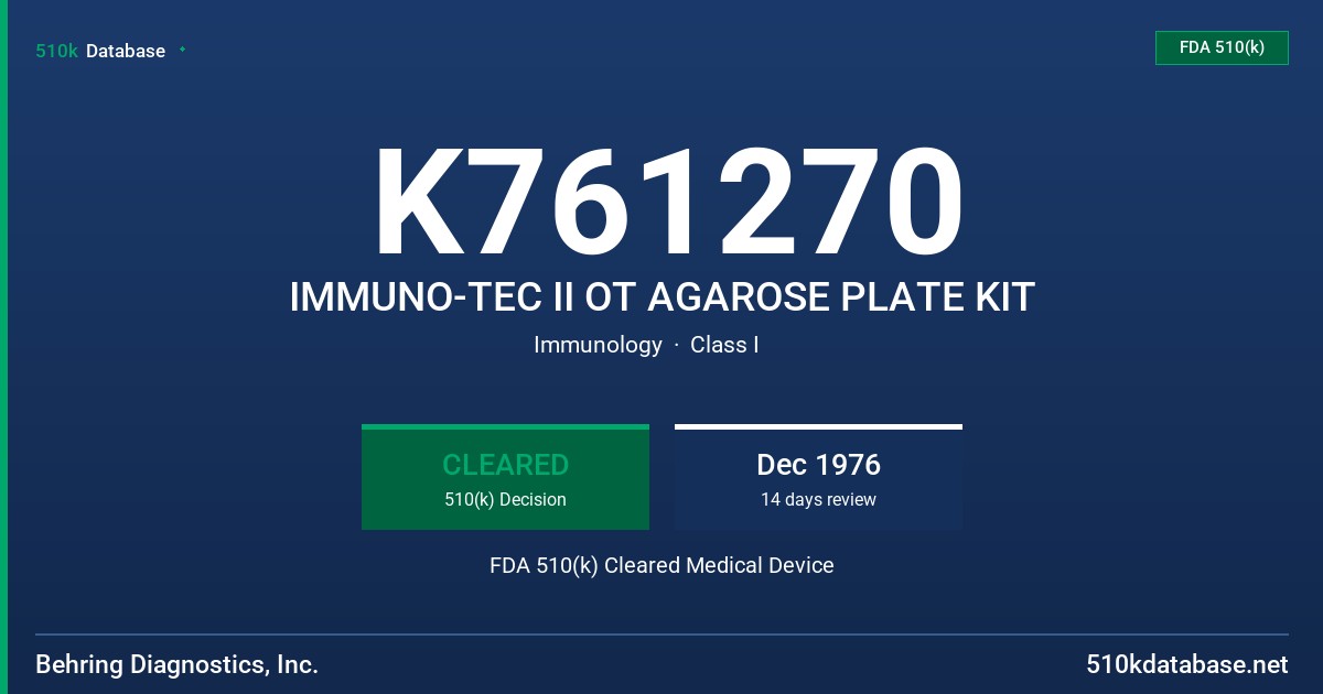 K761270 IMMUNO-TEC II OT AGAROSE PLATE KIT FDA 510(k) Cleared Medical Device