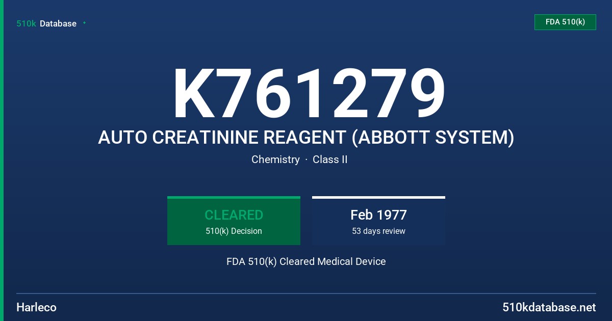 K761279 AUTO CREATININE REAGENT (ABBOTT SYSTEM) FDA 510(k) Cleared Medical Device