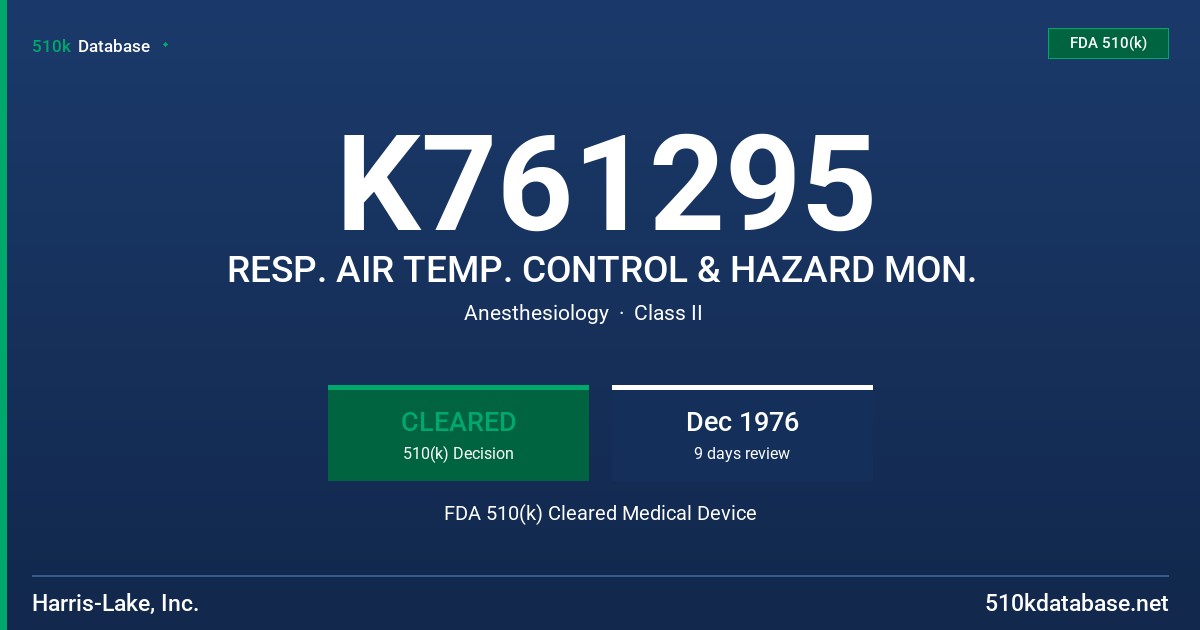 K761295 RESP. AIR TEMP. CONTROL & HAZARD MON. FDA 510(k) Cleared Medical Device