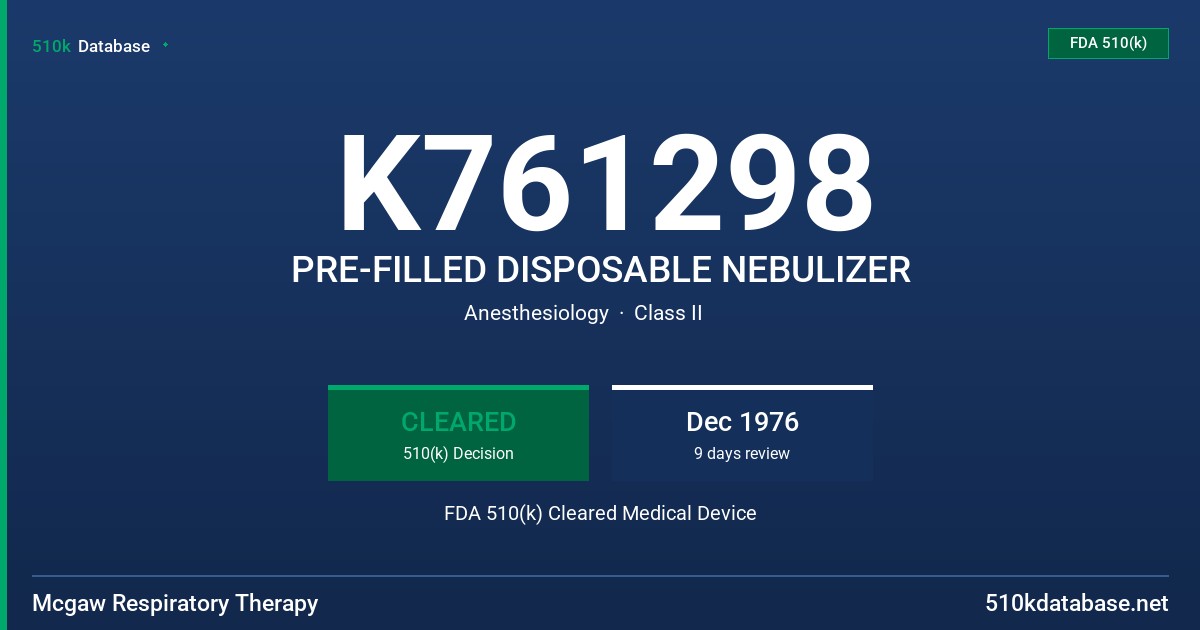 K761298 PRE-FILLED DISPOSABLE NEBULIZER FDA 510(k) Cleared Medical Device