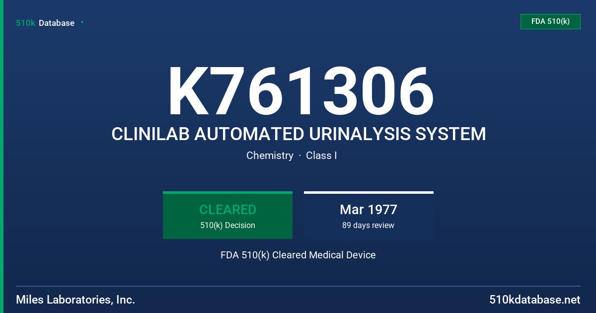 K761306 CLINILAB AUTOMATED URINALYSIS SYSTEM FDA 510(k) Cleared Medical Device