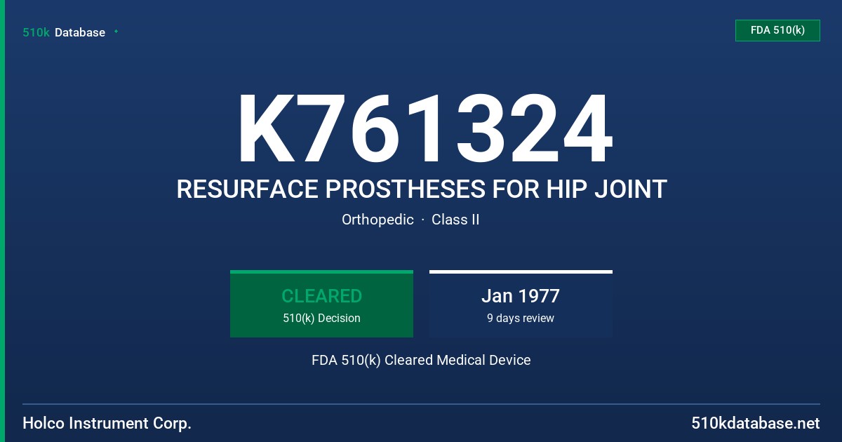 K761324 RESURFACE PROSTHESES FOR HIP JOINT FDA 510(k) Cleared Medical Device