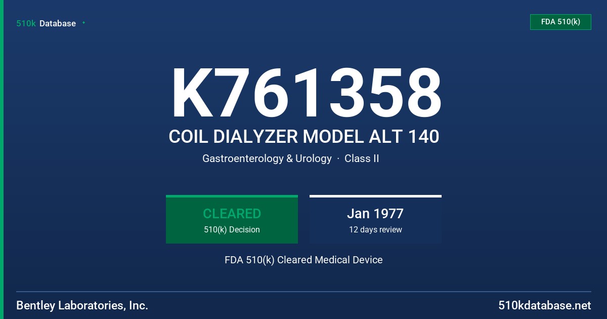 K761358 COIL DIALYZER MODEL ALT 140 FDA 510(k) Cleared Medical Device