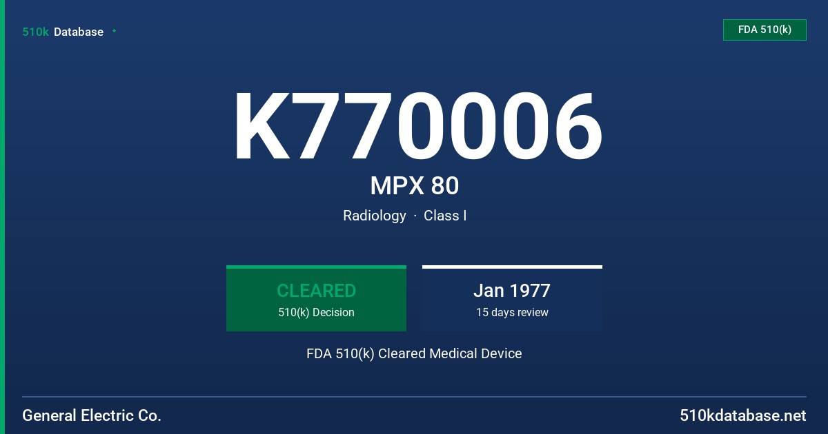 K770006 MPX 80 FDA 510(k) Cleared Medical Device