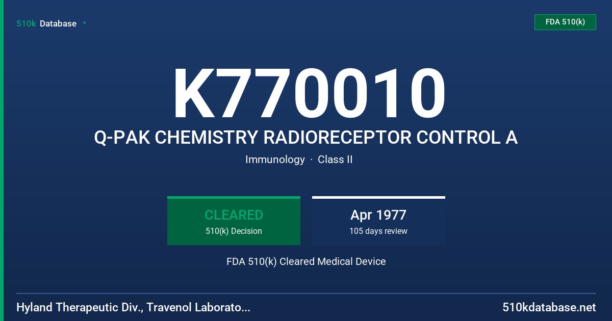 K770010 Q-PAK CHEMISTRY RADIORECEPTOR CONTROL A FDA 510(k) Cleared Medical Device