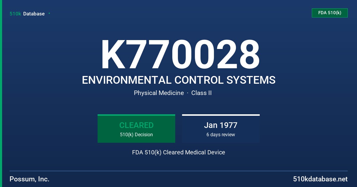 K770028 ENVIRONMENTAL CONTROL SYSTEMS FDA 510(k) Cleared Medical Device
