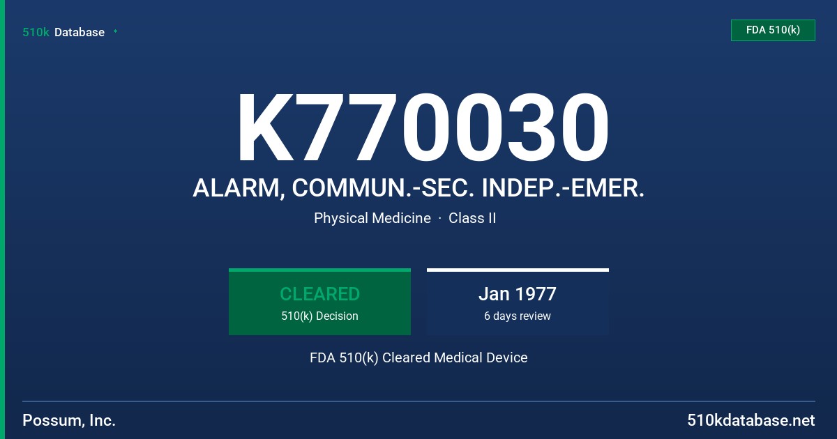 K770030 ALARM, COMMUN.-SEC. INDEP.-EMER. FDA 510(k) Cleared Medical Device