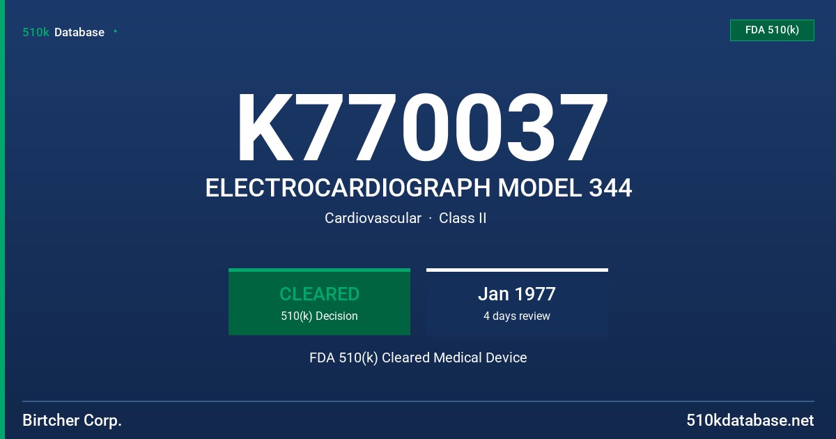 K770037 ELECTROCARDIOGRAPH MODEL 344 FDA 510(k) Cleared Medical Device