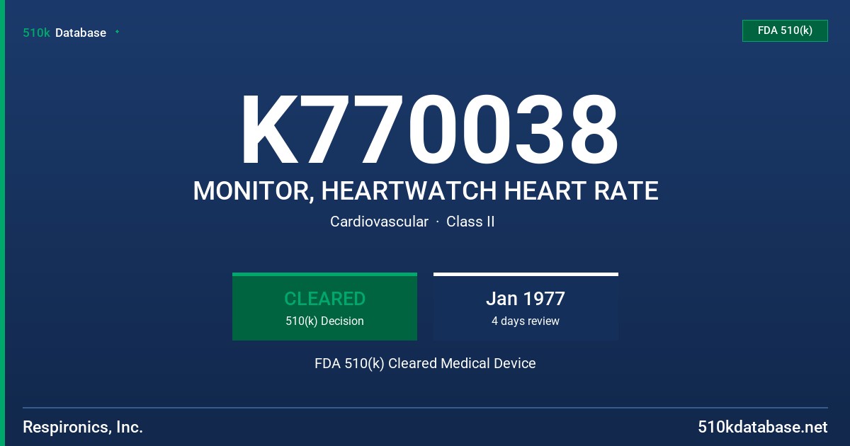 K770038 MONITOR, HEARTWATCH HEART RATE FDA 510(k) Cleared Medical Device