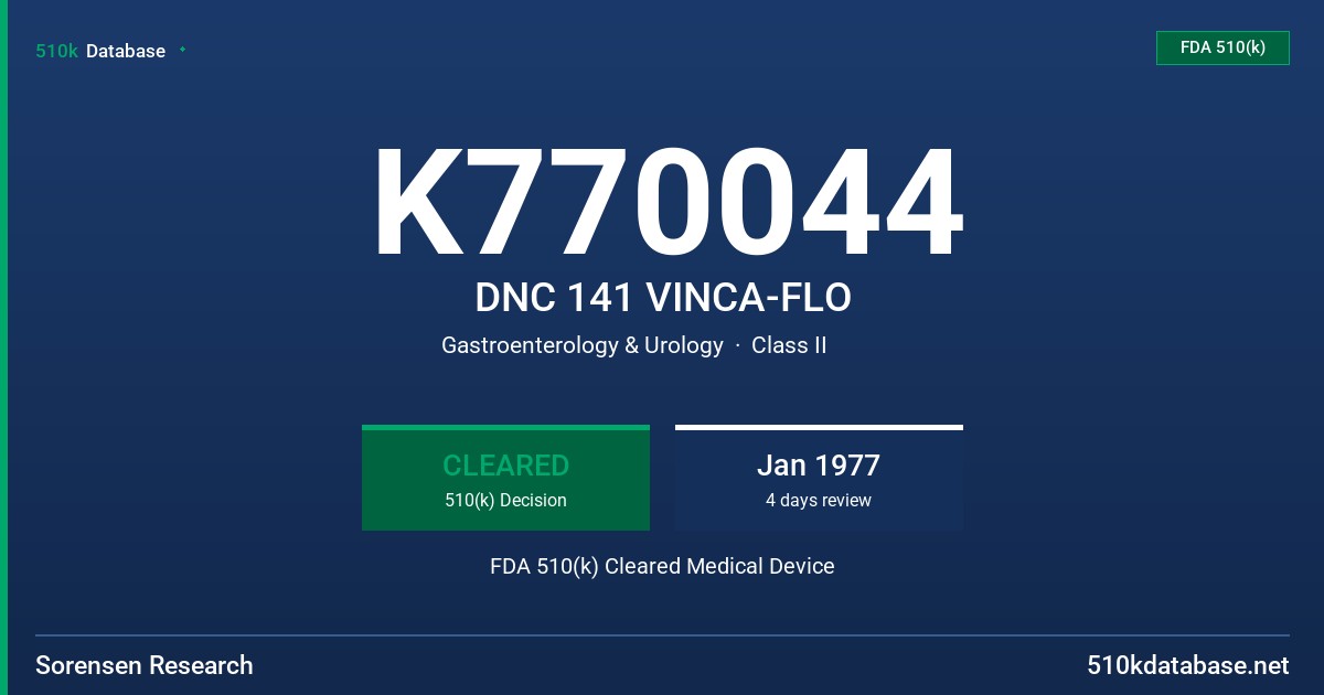 K770044 DNC 141 VINCA-FLO FDA 510(k) Cleared Medical Device