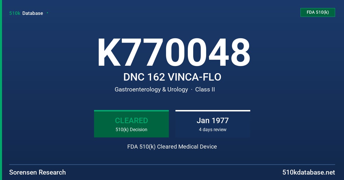 K770048 DNC 162 VINCA-FLO FDA 510(k) Cleared Medical Device