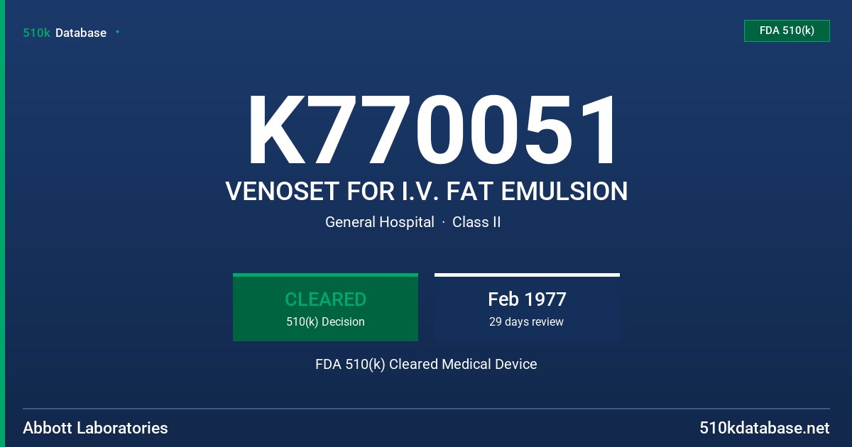 K770051 VENOSET FOR I.V. FAT EMULSION FDA 510(k) Cleared Medical Device